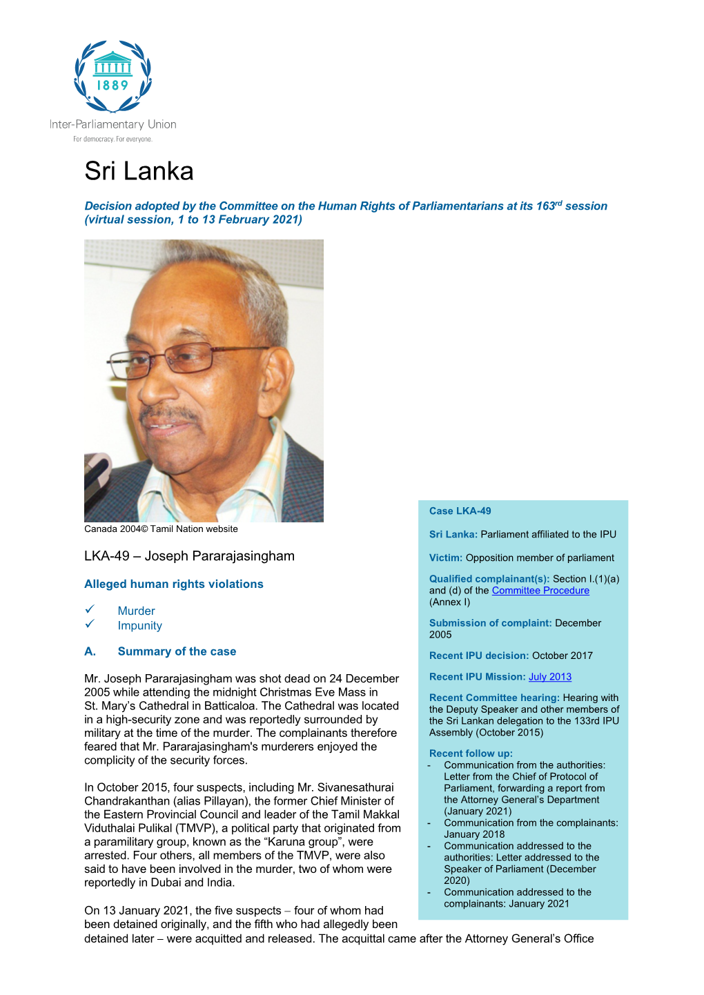 Human Rights Decision: Sri Lanka February 2021 (Pararajasingham)