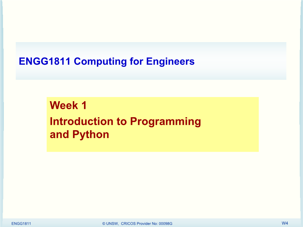 Week 1 Introduction to Programming and Python