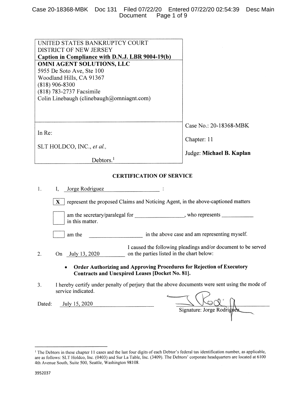 Case 20-18368-MBK Doc 131 Filed 07/22/20 Entered 07/22/20 02