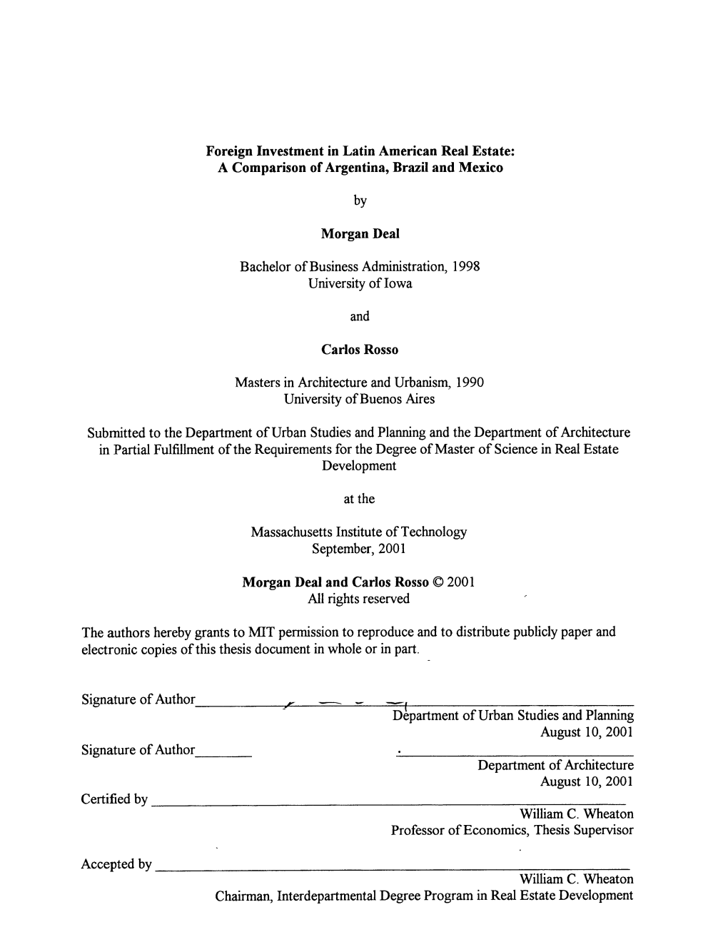 Foreign Investment in Latin American Real Estate: a Comparison of Argentina, Brazil and Mexico by Morgan Deal Bachelor of Busine