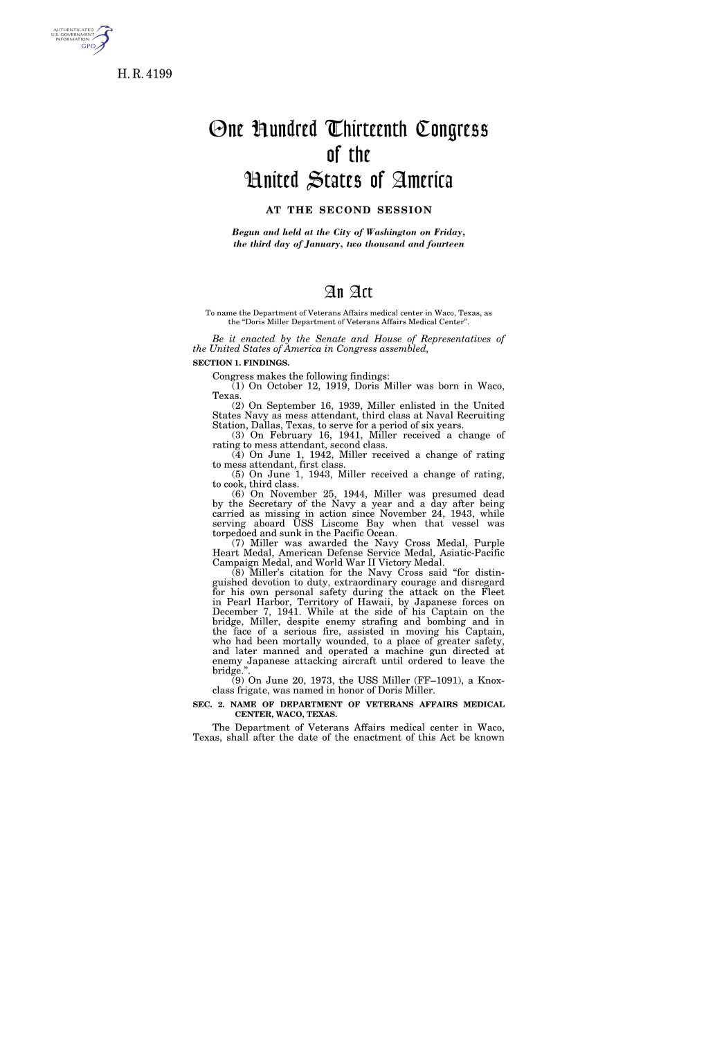 One Hundred Thirteenth Congress of the United States of America