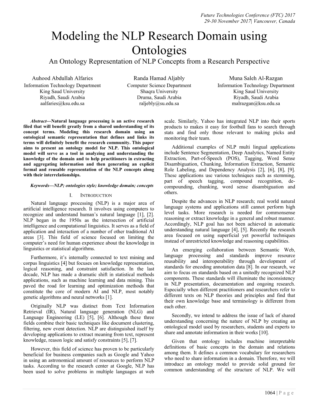 Modeling the NLP Research Domain Using Ontologies an Ontology Representation of NLP Concepts from a Research Perspective