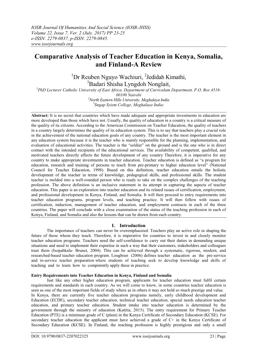 Comparative Analysis of Teacher Education in Kenya, Somalia, and Finland-A Review