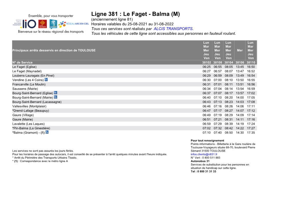 Ligne 381 : Le Faget - Balma (M) (Anciennement Ligne 81) Horaires Valables Du 25-08-2021 Au 31-08-2022 Tous Ces Services Sont Réalisés Par ALCIS TRANSPORTS