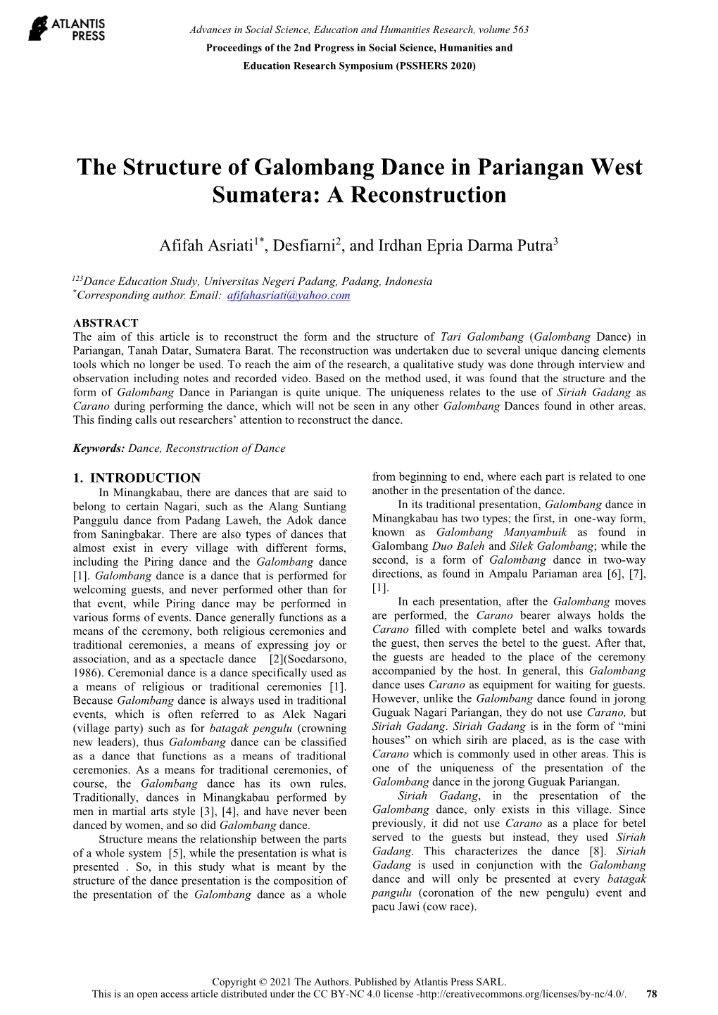 The Structure of Galombang Dance in Pariangan West Sumatera: a Reconstruction