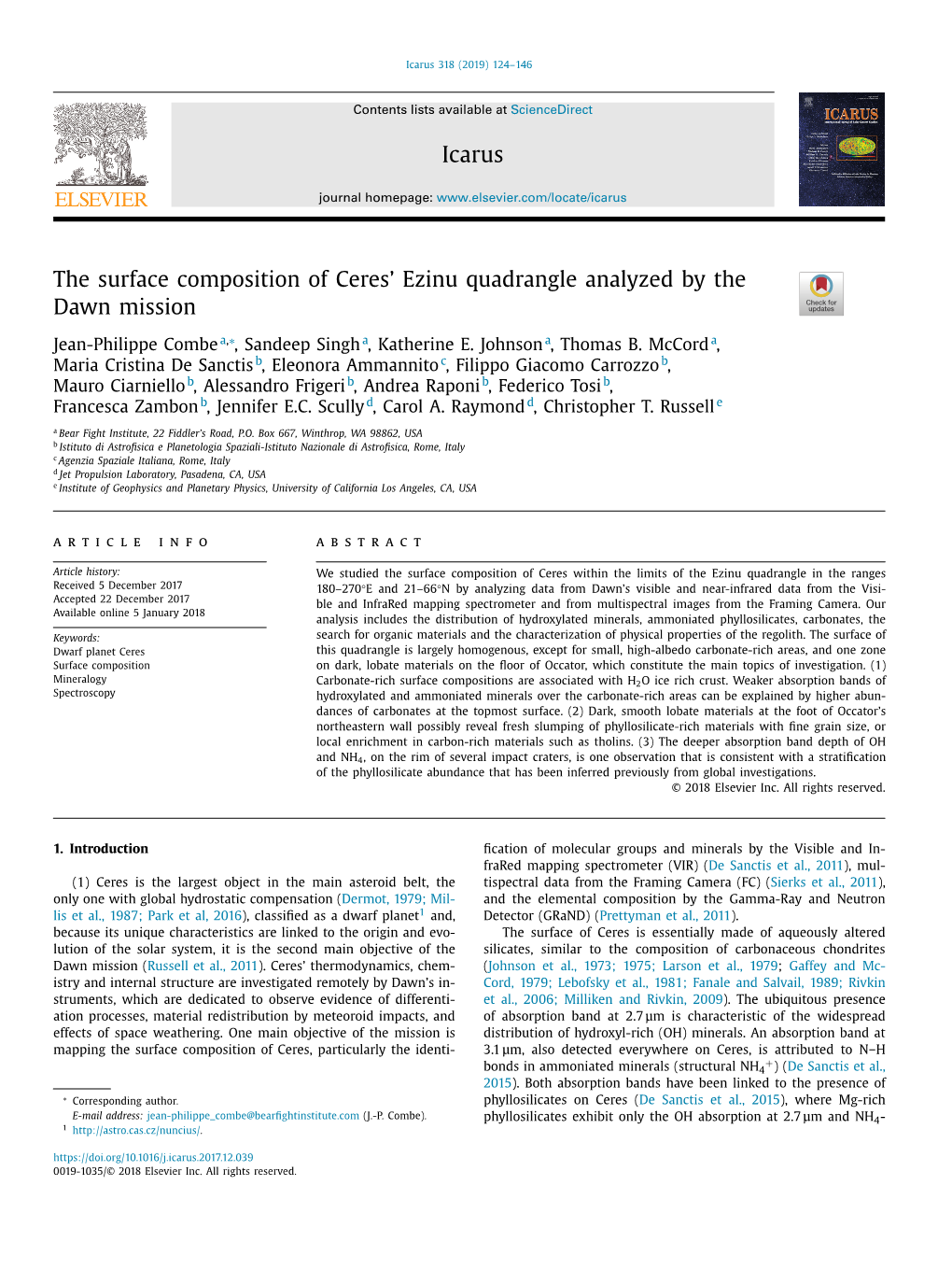 The Surface Composition of Ceres• Ezinu Quadrangle Analyzed By