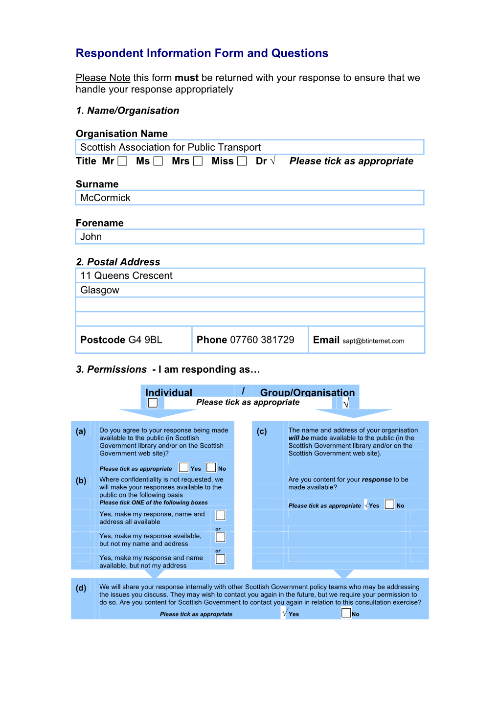 Respondent Information Form and Questions