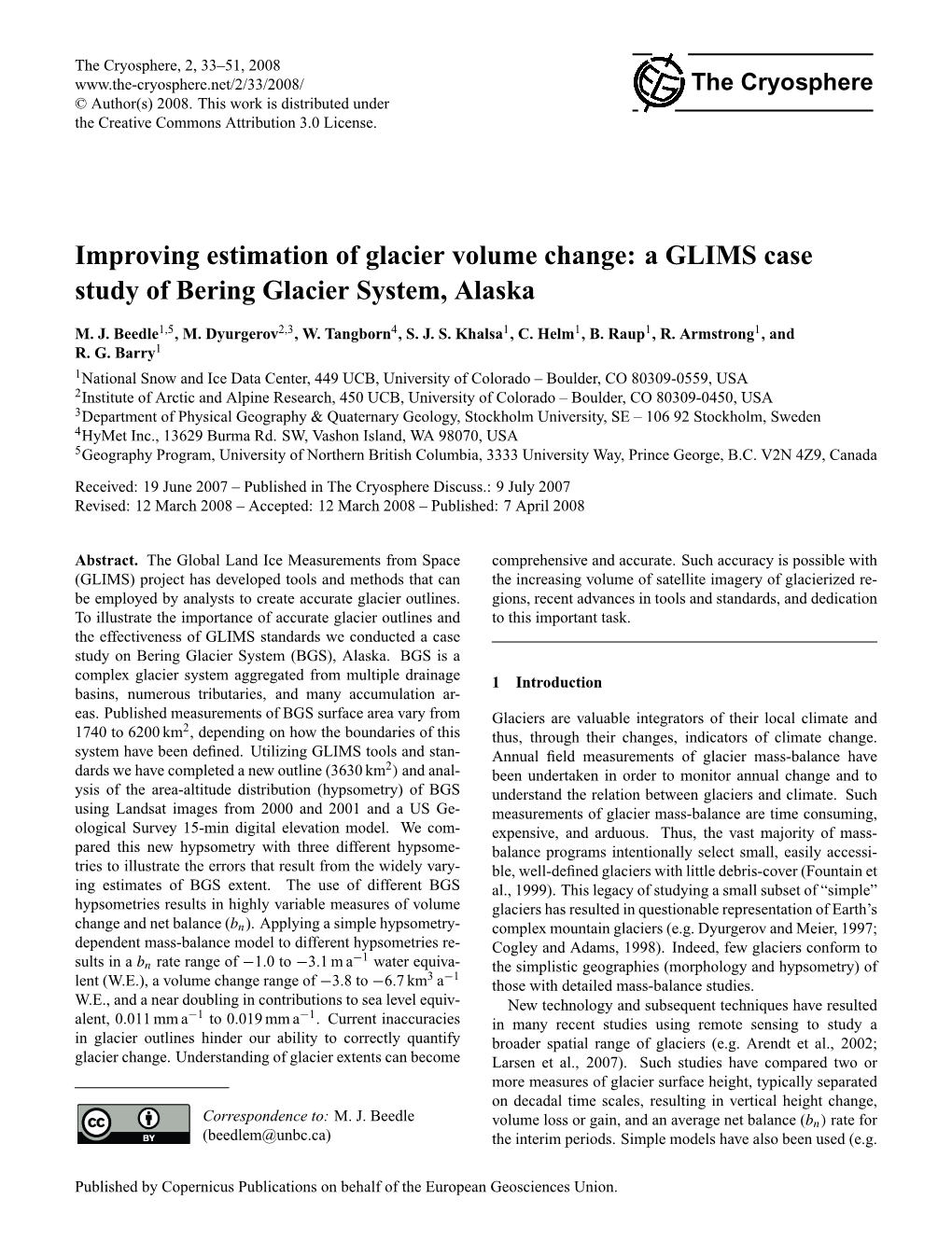 A GLIMS Case Study of Bering Glacier System, Alaska