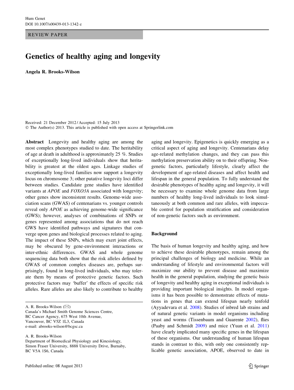 Genetics of Healthy Aging and Longevity