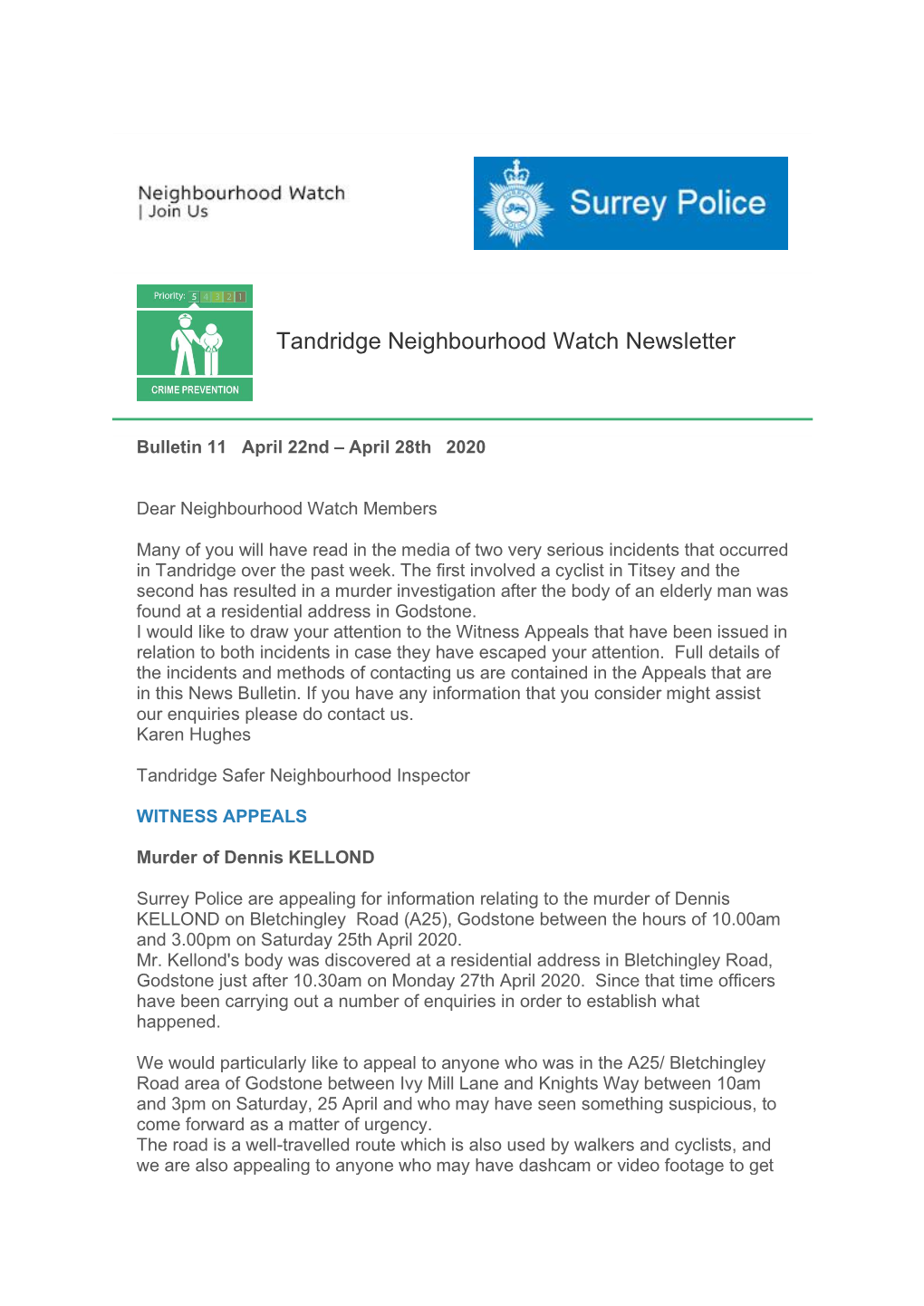 Tandridge Neighbourhood Watch Newsletter