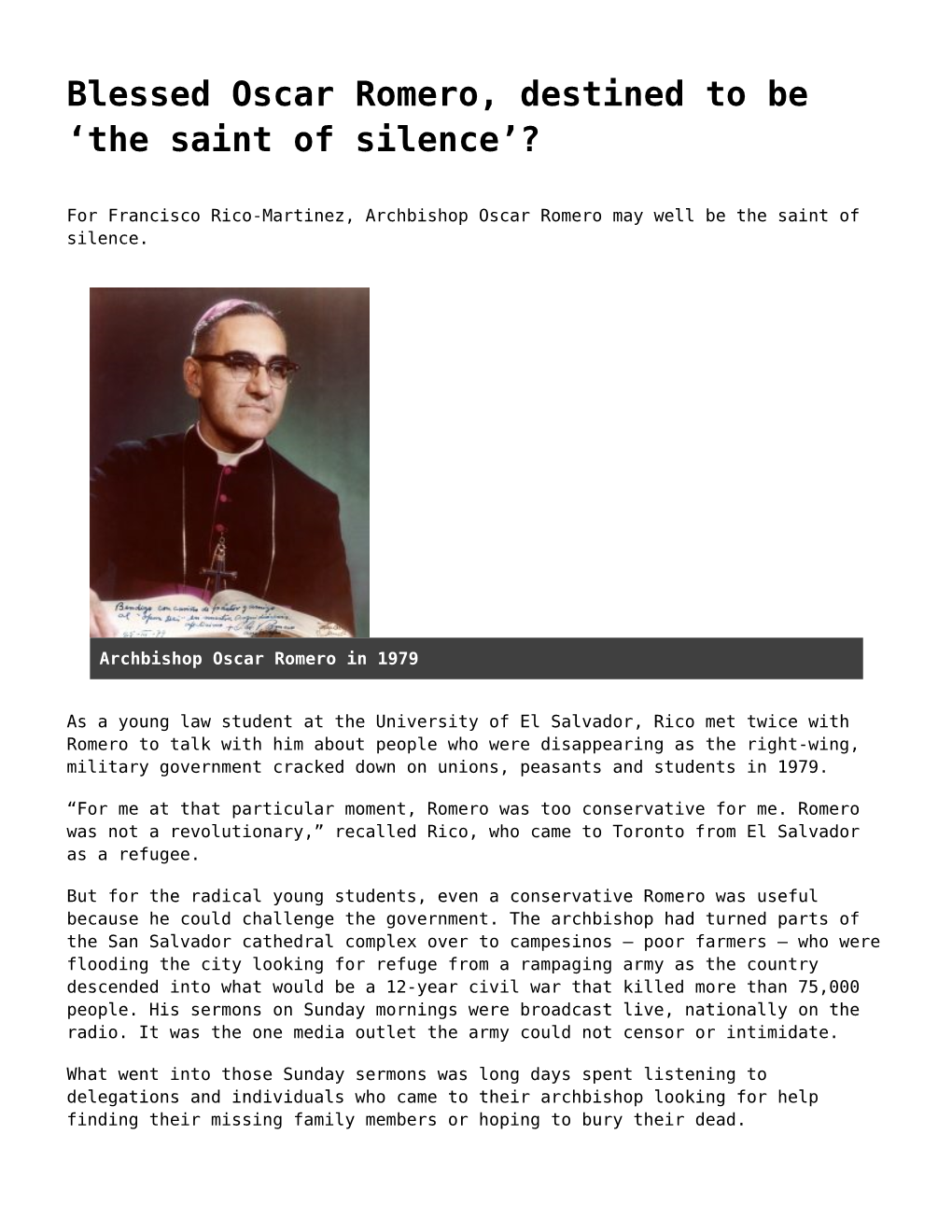 Blessed Oscar Romero, Destined to Be &#8216
