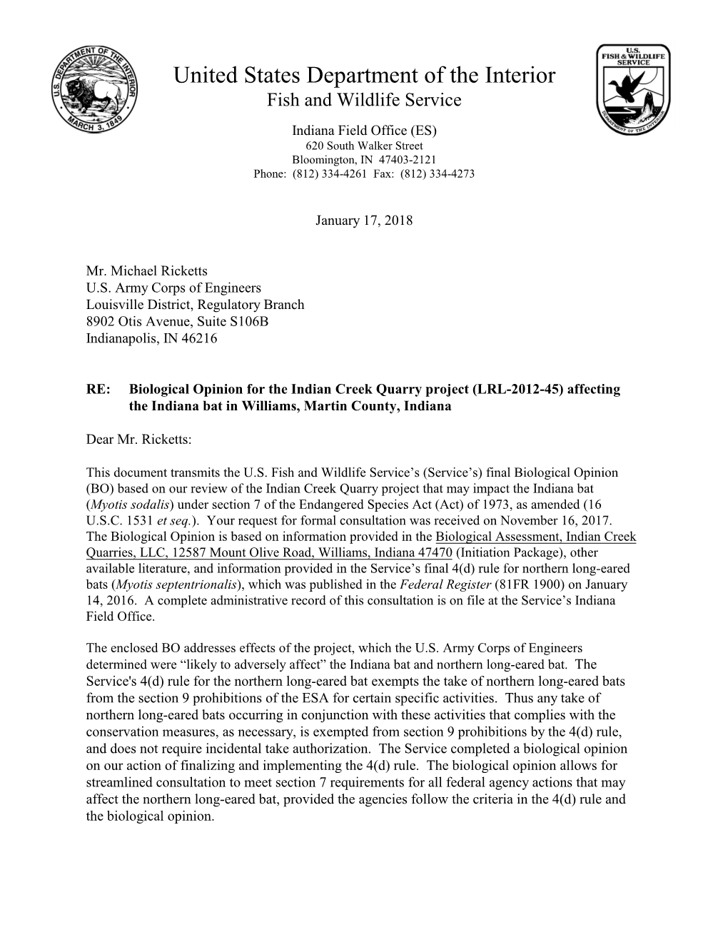 Indian Creek Quarry Project (LRL-2012-45) Affecting the Indiana Bat in Williams, Martin County, Indiana