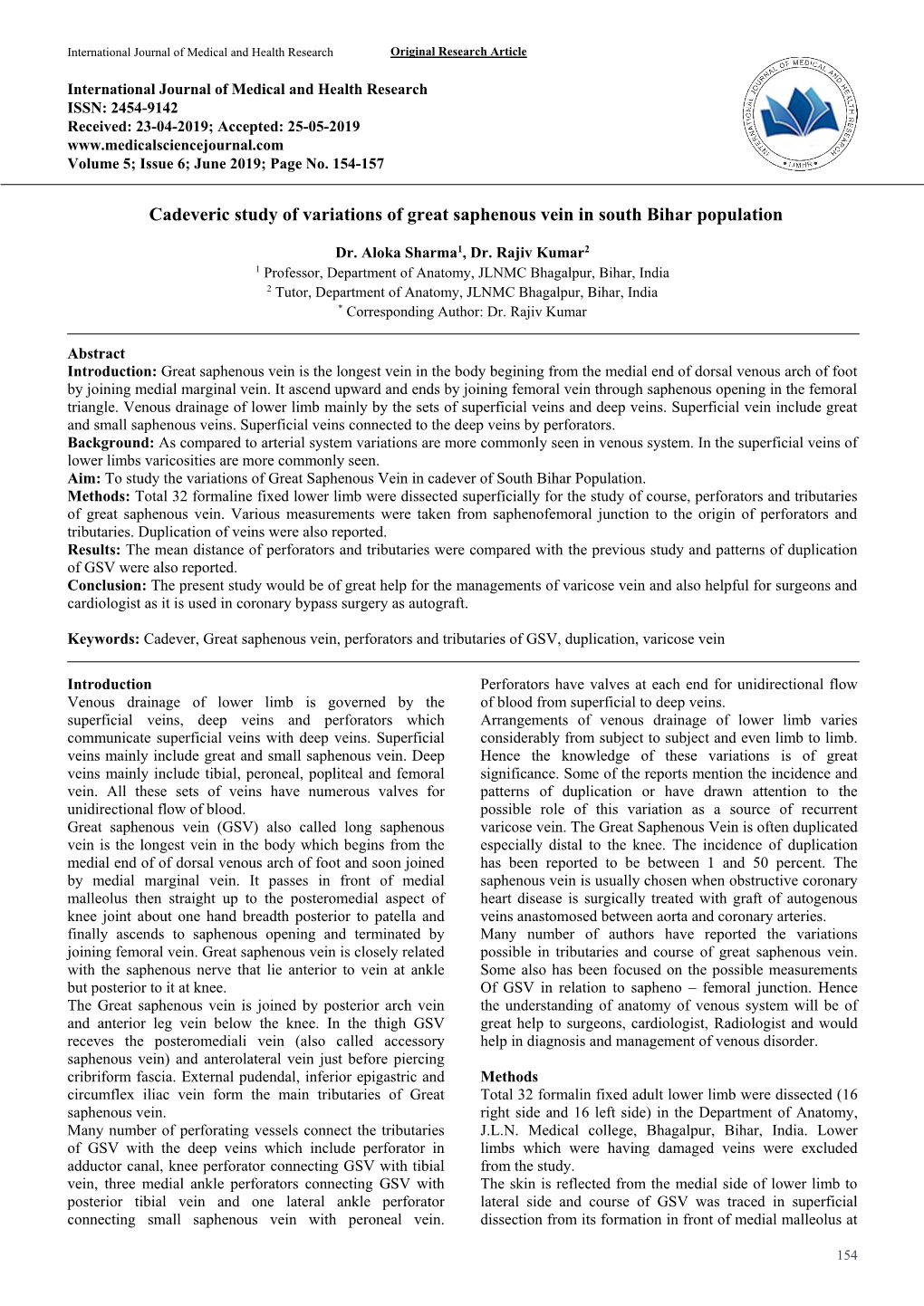 Cadeveric Study of Variations of Great Saphenous Vein in South Bihar Population