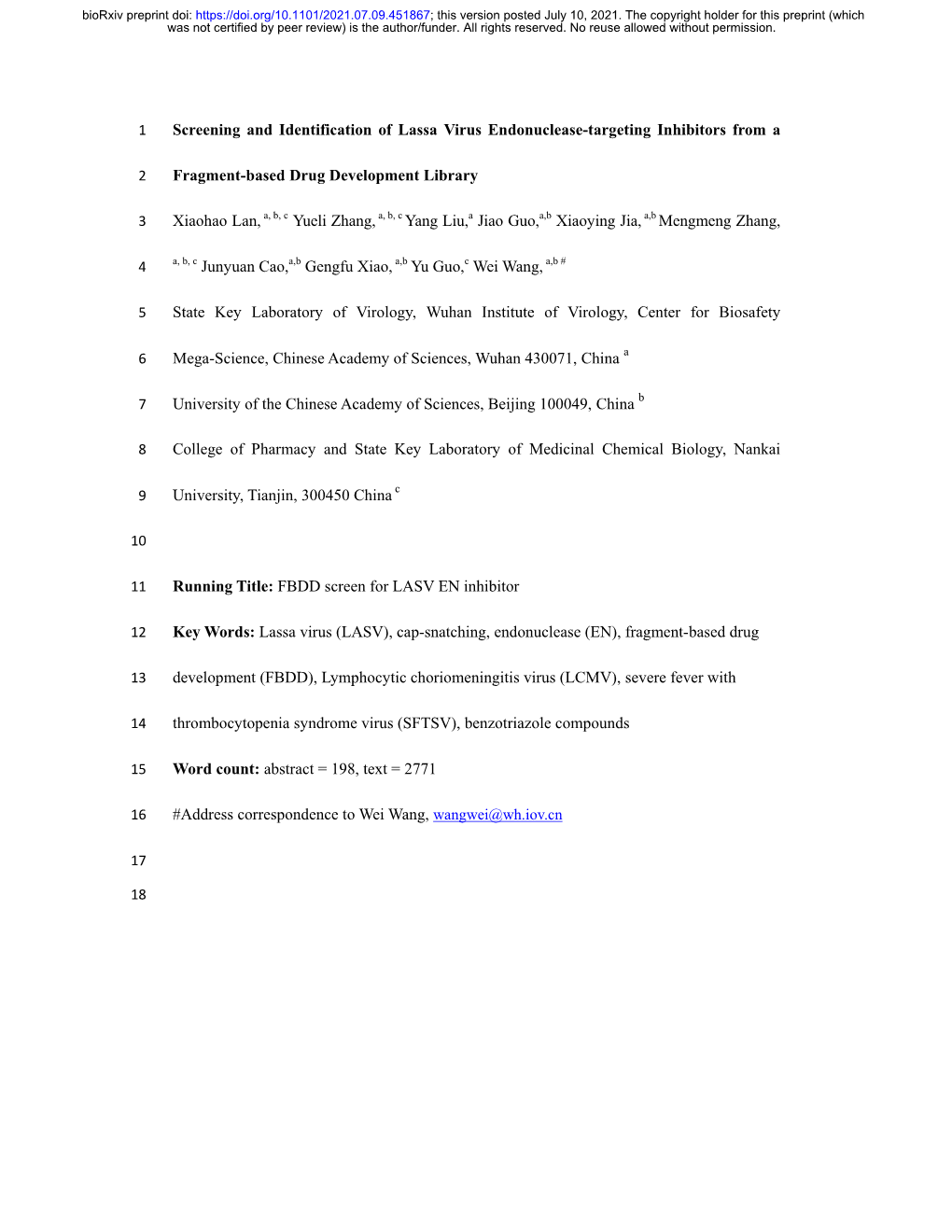 Screening and Identification of Lassa Virus Endonuclease-Targeting Inhibitors from A