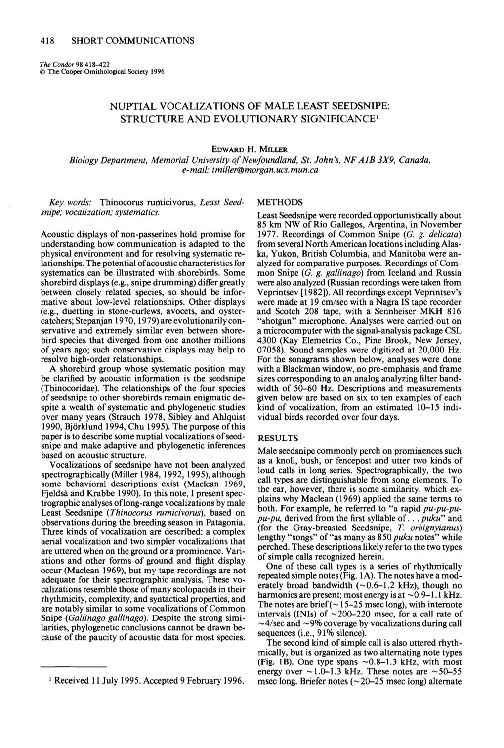 Nupital Vocalizations of Male Least Seedsnipe: Structure Nd Evolutinary