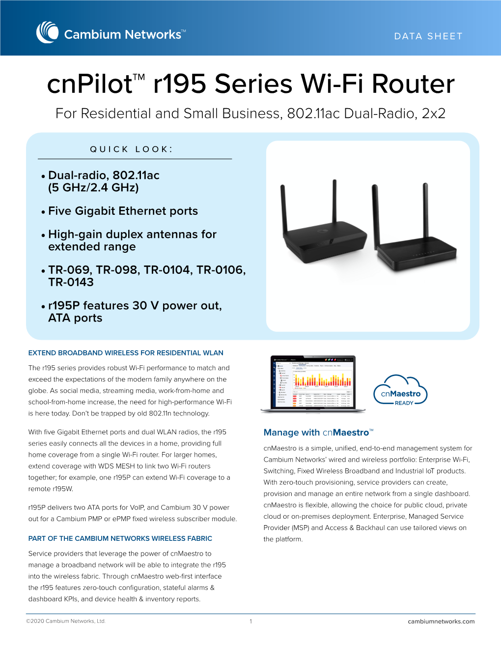 Cnpilot™ R195 Series Wi-Fi Router for Residential and Small Business, 802.11Ac Dual-Radio, 2X2