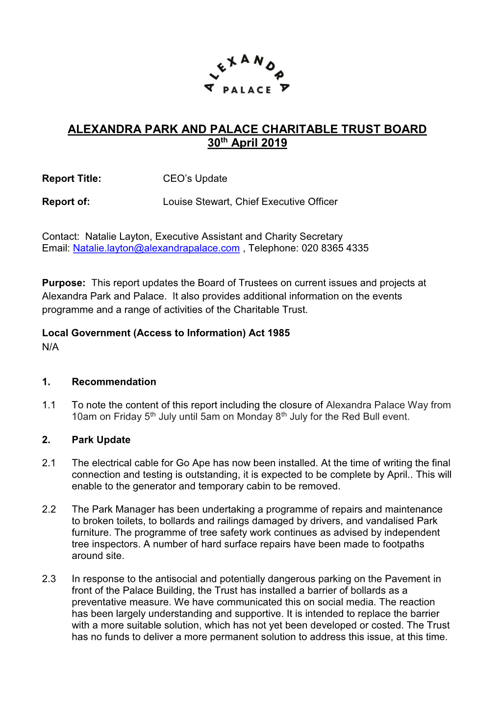 ALEXANDRA PARK and PALACE CHARITABLE TRUST BOARD 30Th April 2019