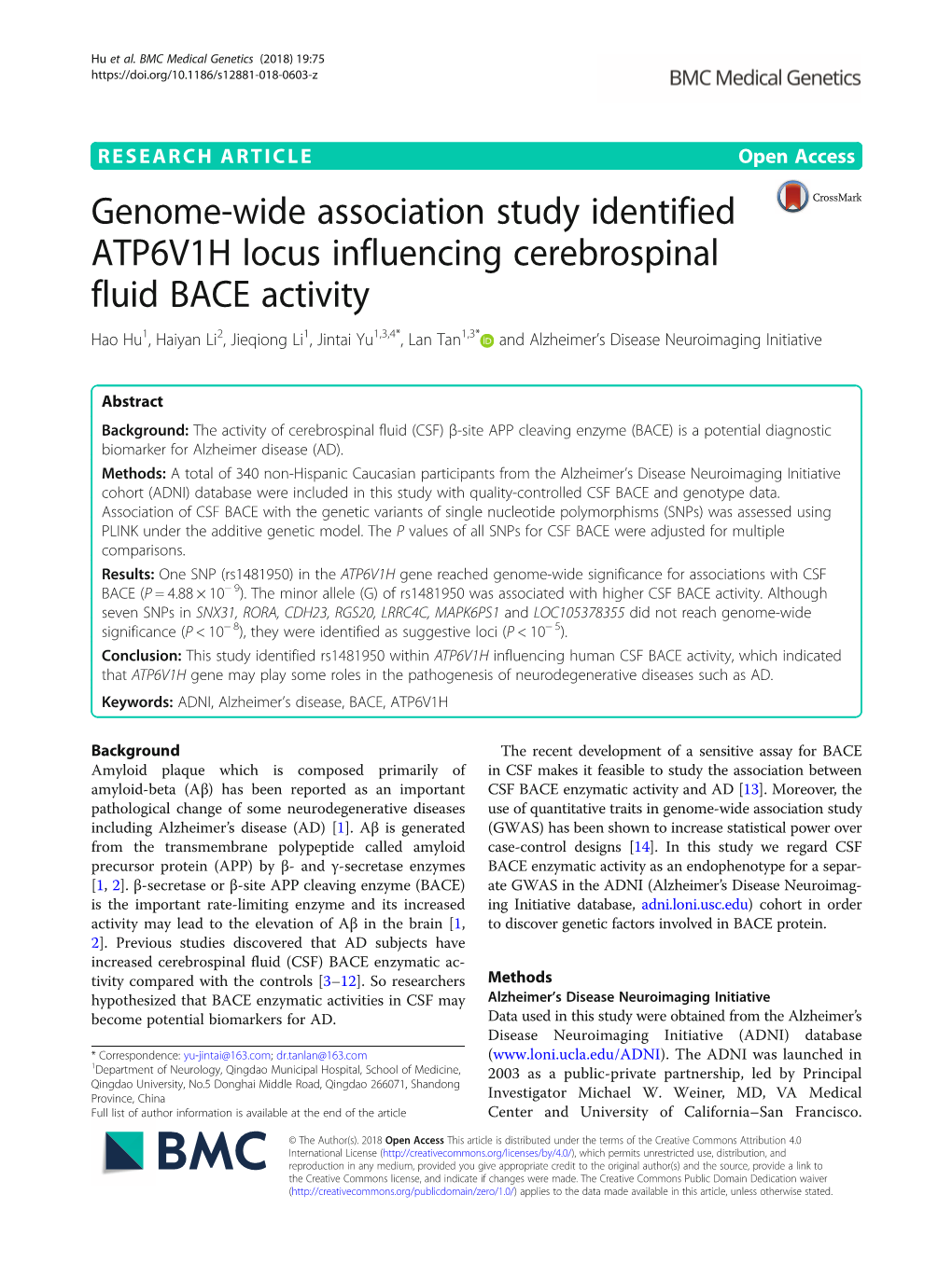 Genome-Wide Association Study Identified ATP6V1H Locus