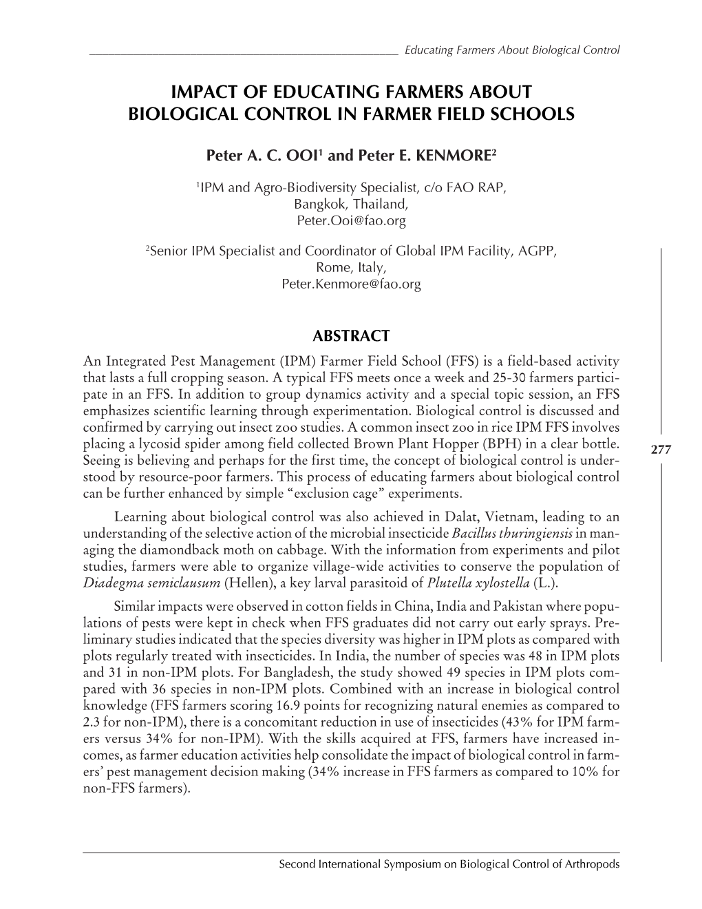 Impact of Educating Farmers About Biological Control in Farmer Field Schools