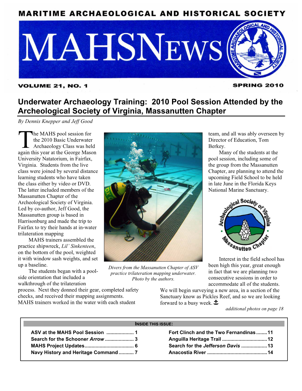 Underwater Archaeology Training: 2010 Pool Session Attended by the Archeological Society of Virginia, Massanutten Chapter by Dennis Knepper and Jeff Good