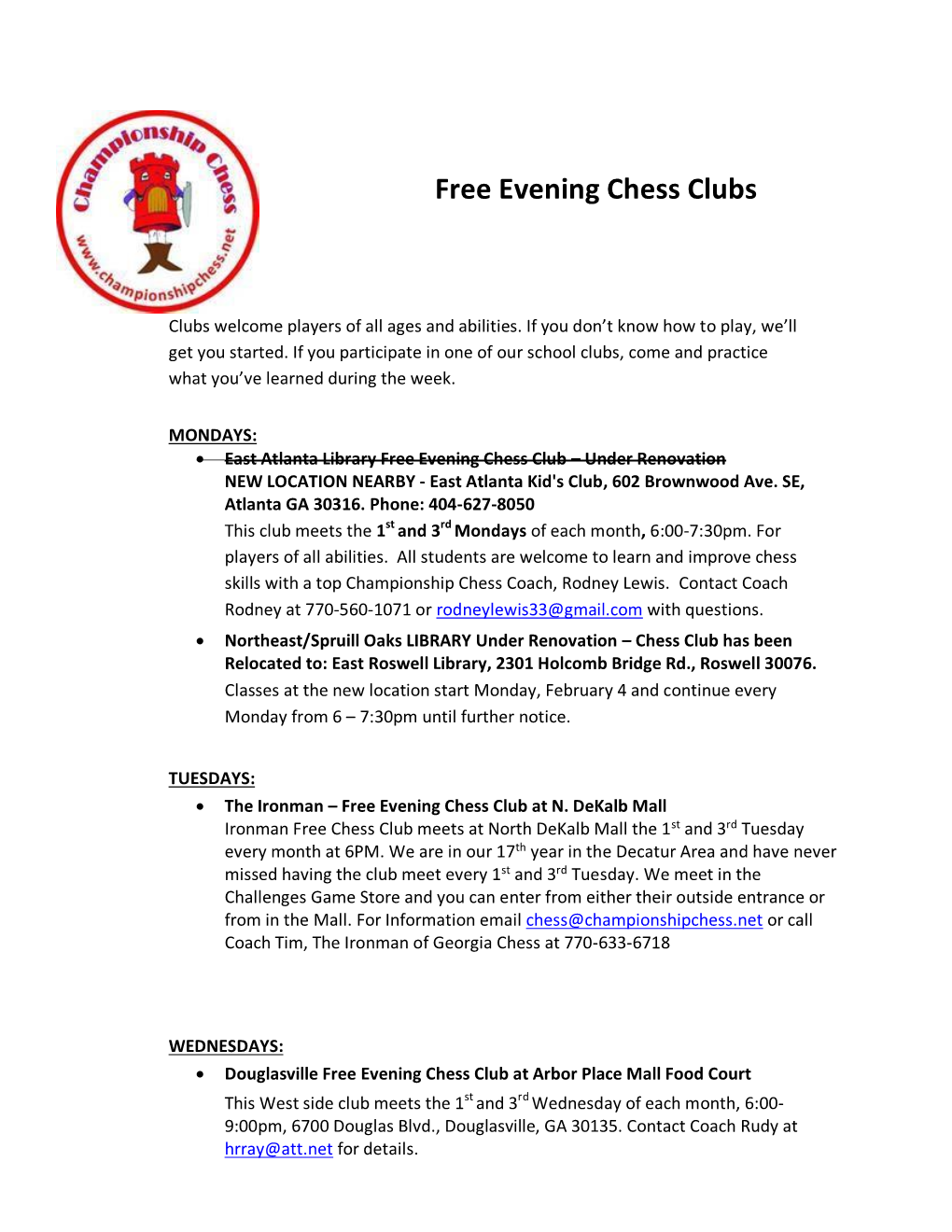 Free Evening Chess Clubs