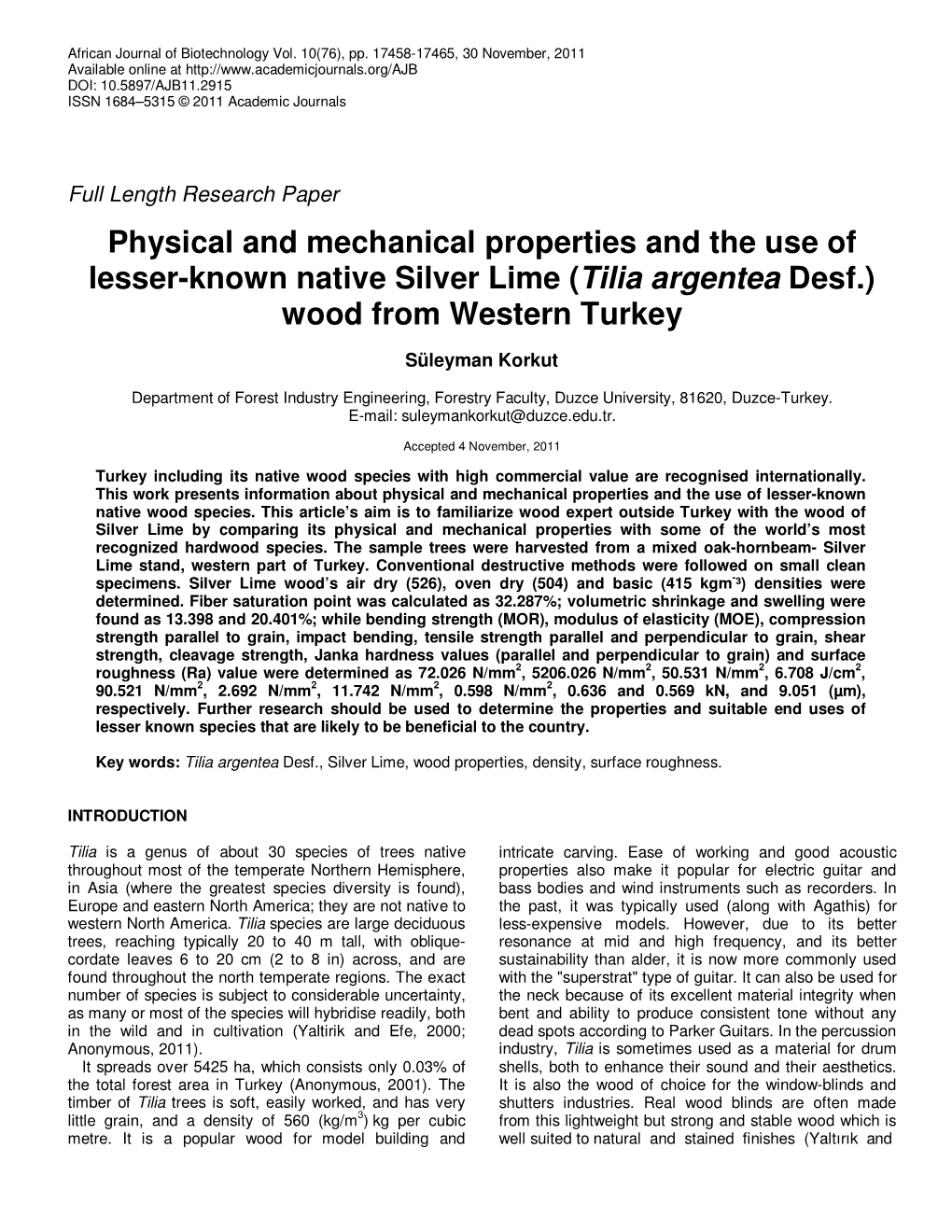 (Tilia Argentea Desf.) Wood from Western Turkey