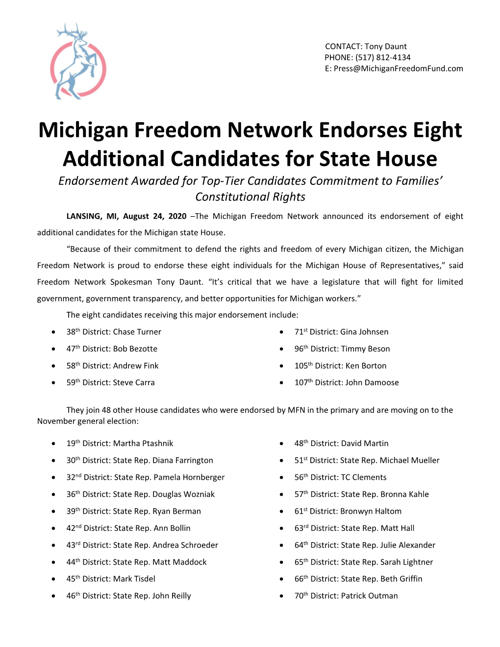 Michigan Freedom Network Endorses Eight Additional Candidates For