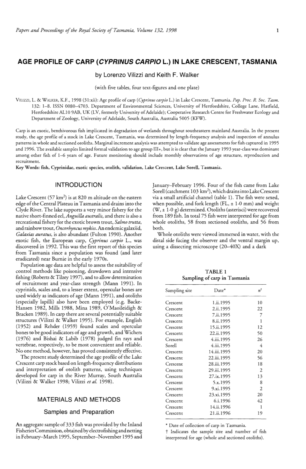 Age Profile of Carp (Cyprinus Carpio L.) in Lake Crescent, Tasmania