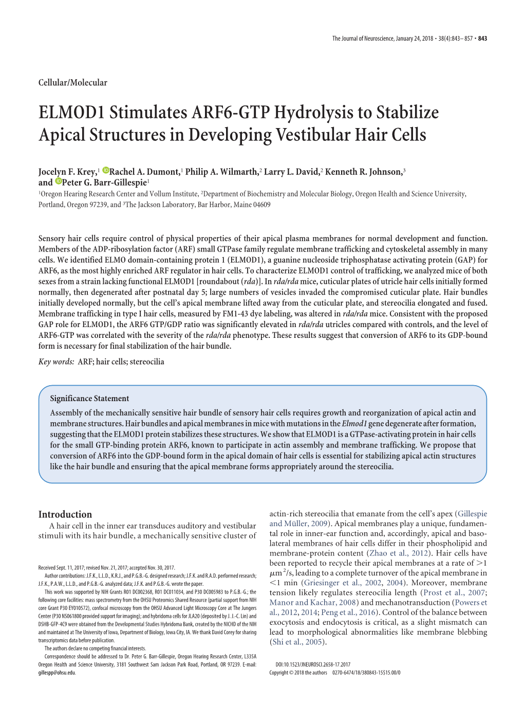 ELMOD1 Stimulates ARF6-GTP Hydrolysis to Stabilize Apical Structures in Developing Vestibular Hair Cells