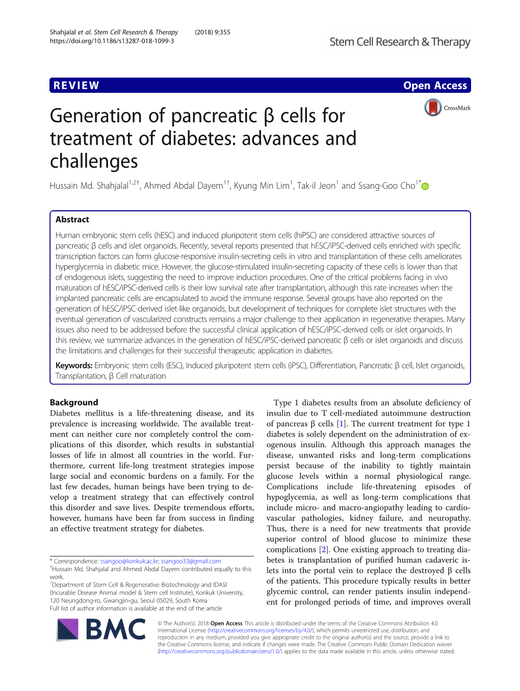 Generation of Pancreatic Β Cells for Treatment of Diabetes: Advances and Challenges Hussain Md