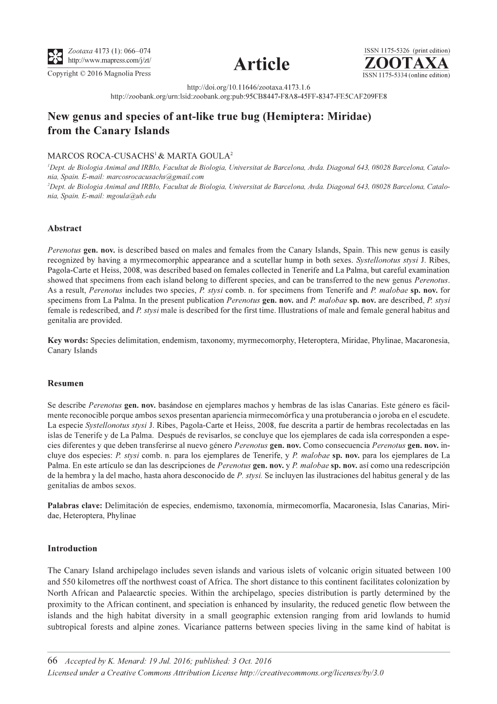 New Genus and Species of Ant-Like True Bug (Hemiptera: Miridae) from the Canary Islands