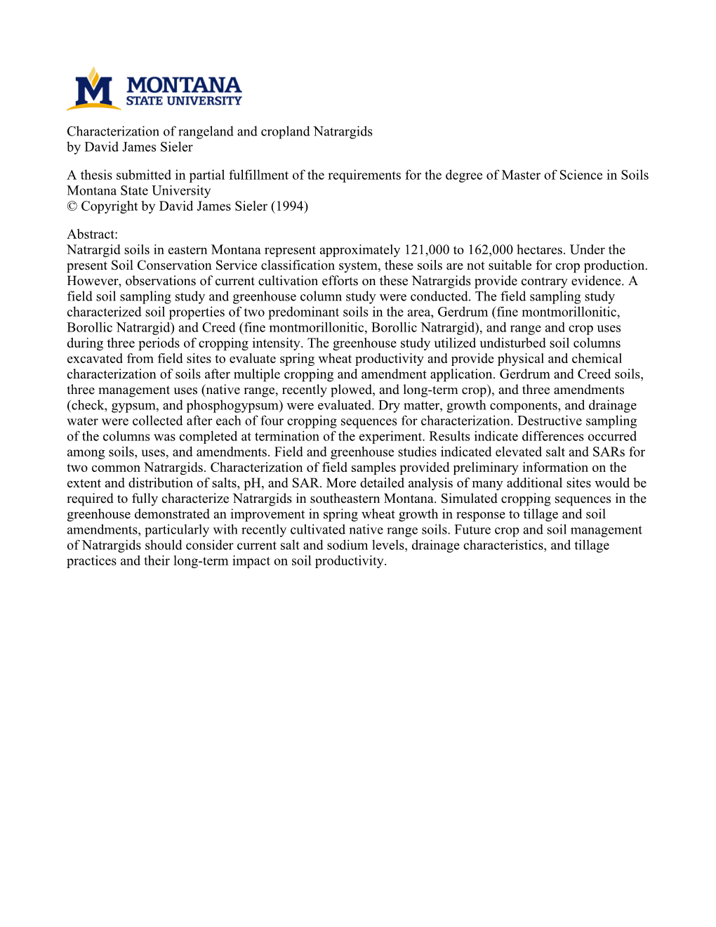 Characterization of Rangeland and Cropland Natrargids by David