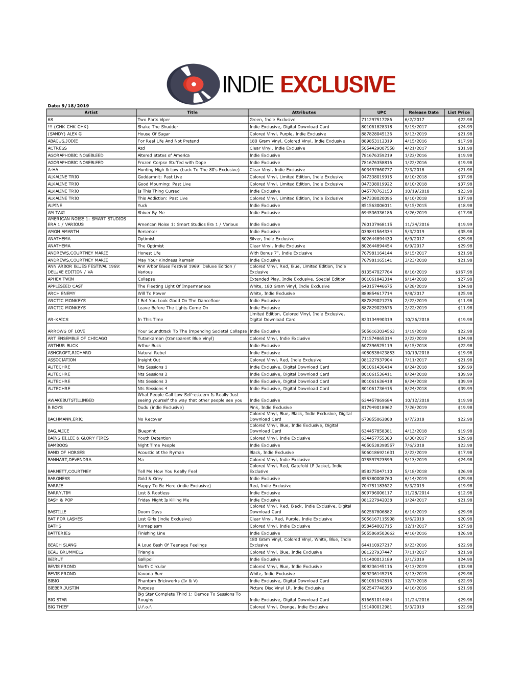 INDIE EXCLUSIVE VINYL in STOCK September 18, 2019 (PDF)