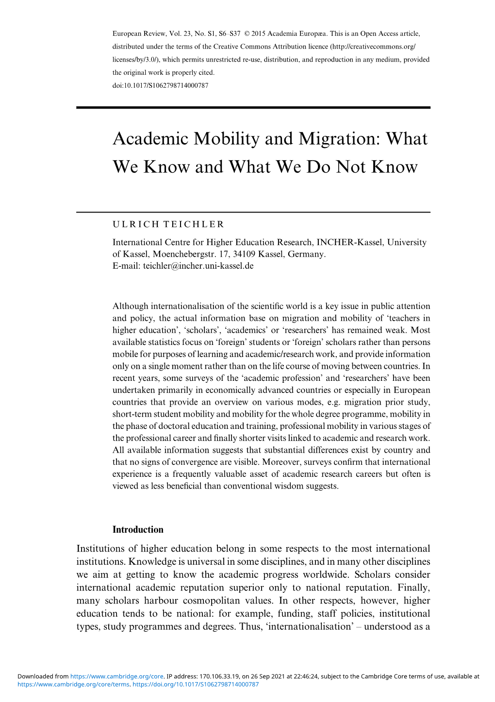 Academic Mobility and Migration: What We Know and What We Do Not Know