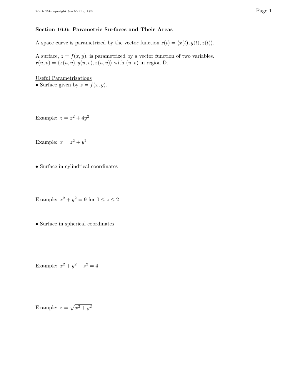 Section 16.6: Parametric Surfaces and Their Areas