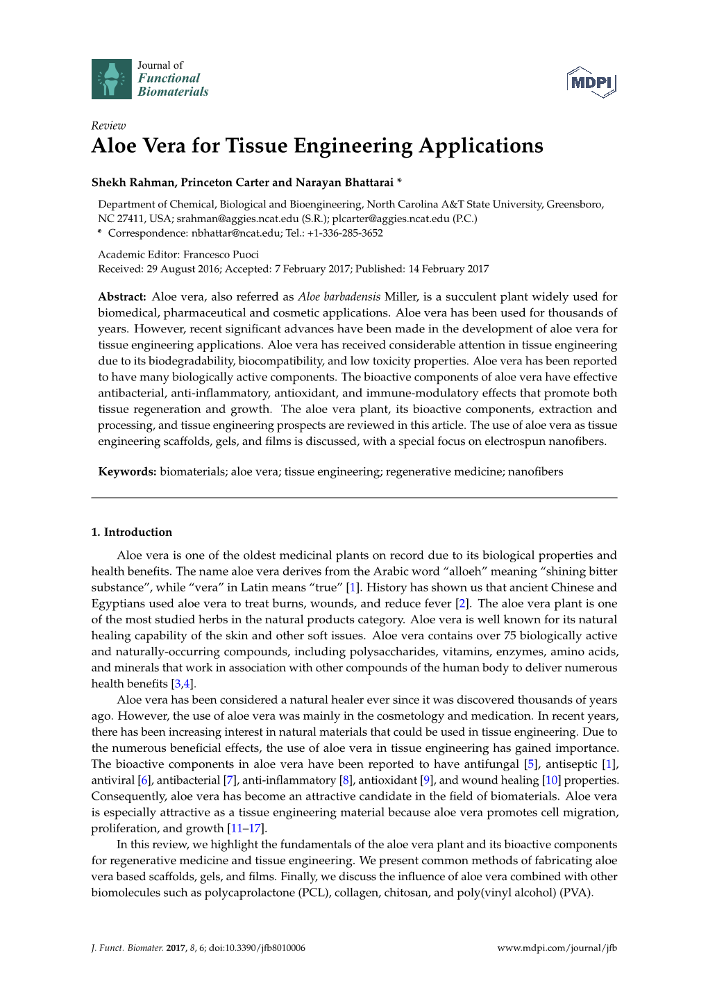 Aloe Vera for Tissue Engineering Applications