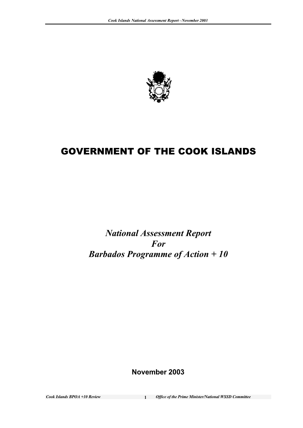Cook Islands National Assessment Report –November 2003