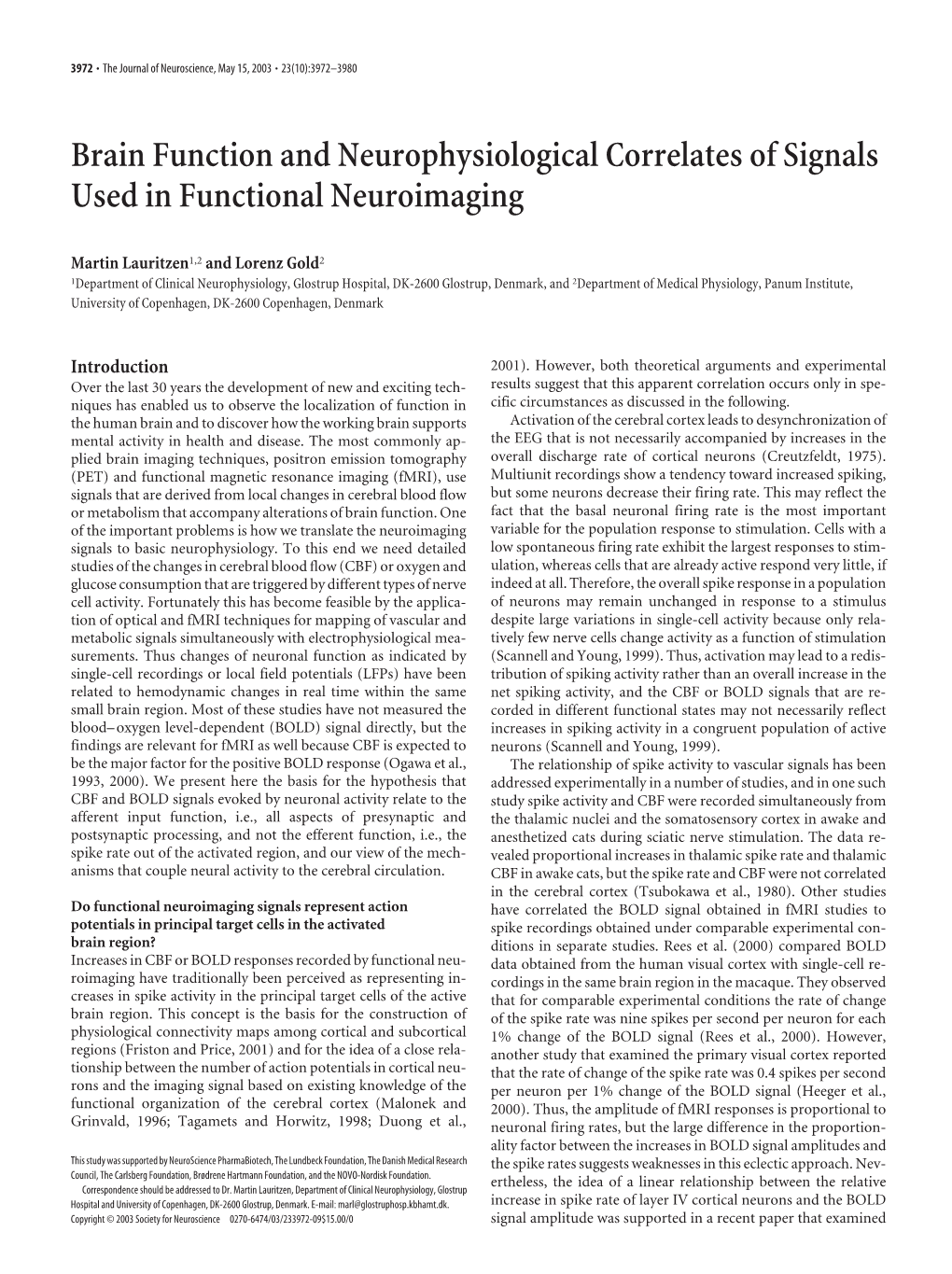 Brain Function and Neurophysiological Correlates of Signals Used in Functional Neuroimaging