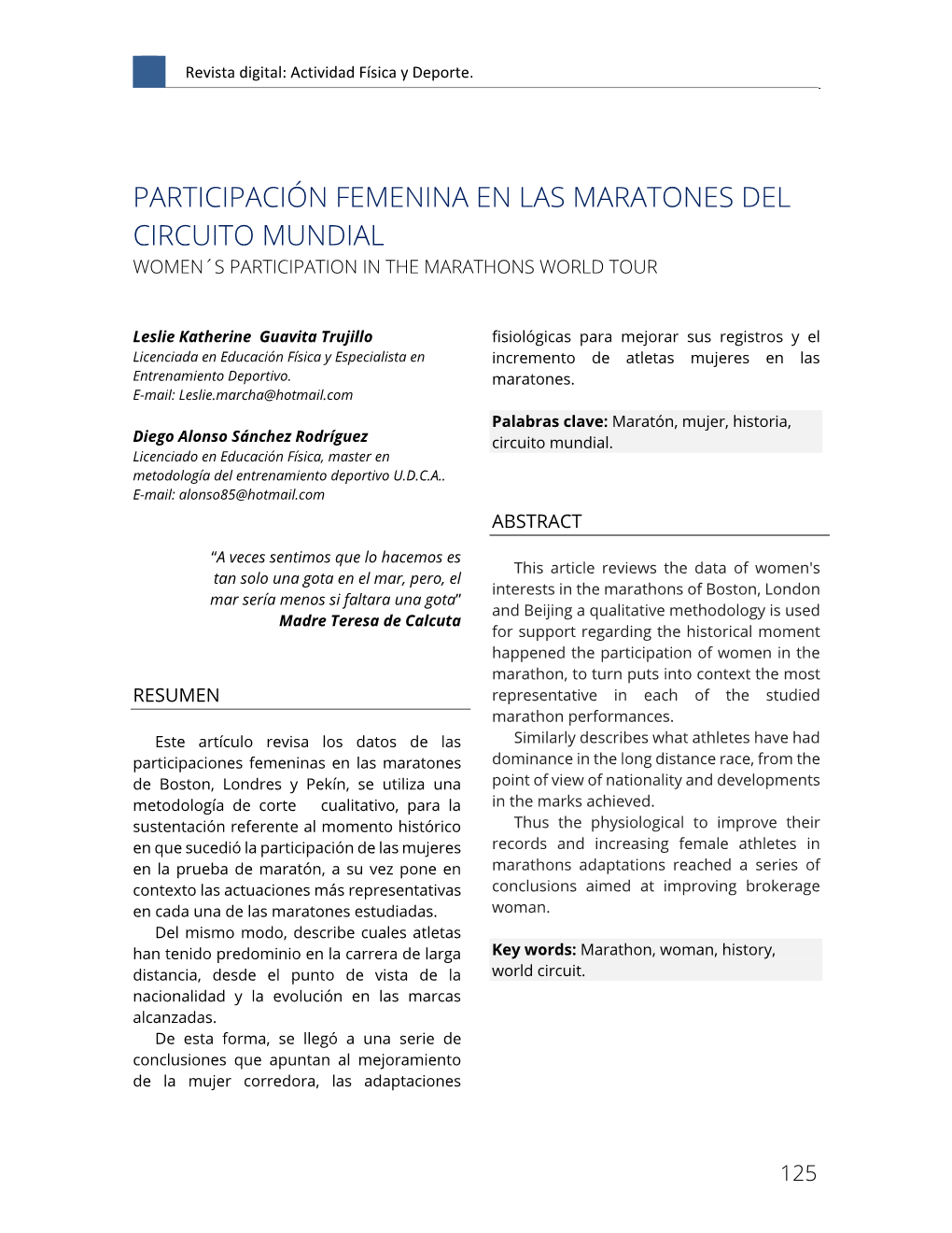 Participación Femenina En Las Maratones Del Circuito Mundial Women´S Participation in the Marathons World Tour