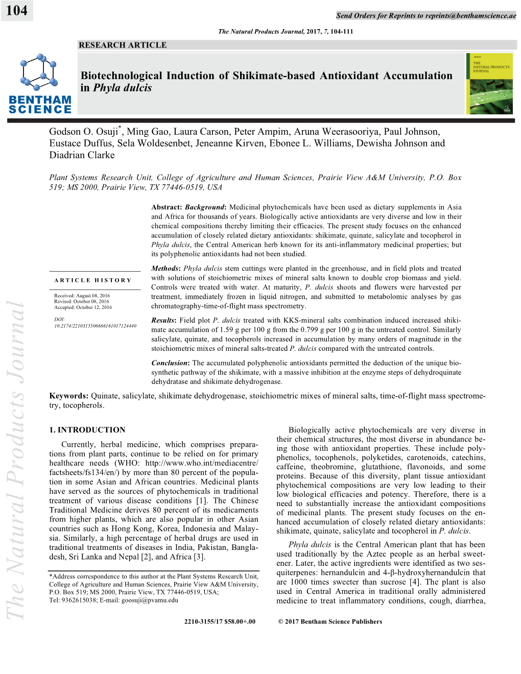 Biotechnological Induction of Shikimate-Based Antioxidant Accumulation in Phyla Dulcis