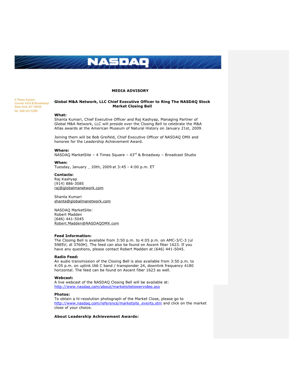 NASDAQ Media Advisory