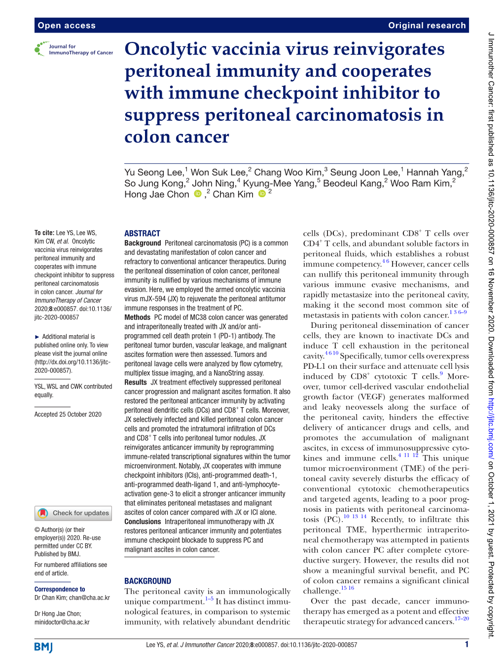 Oncolytic Vaccinia Virus Reinvigorates Peritoneal Immunity and Cooperates with Immune Checkpoint Inhibitor to Suppress Peritoneal Carcinomatosis in Colon Cancer