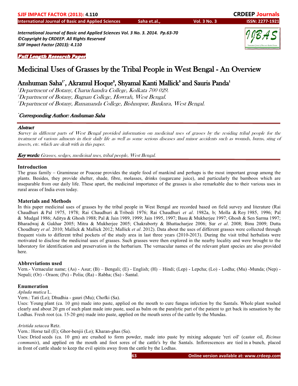 Medicinal Uses of Grasses by the Tribal People in West Bengal - an Overview