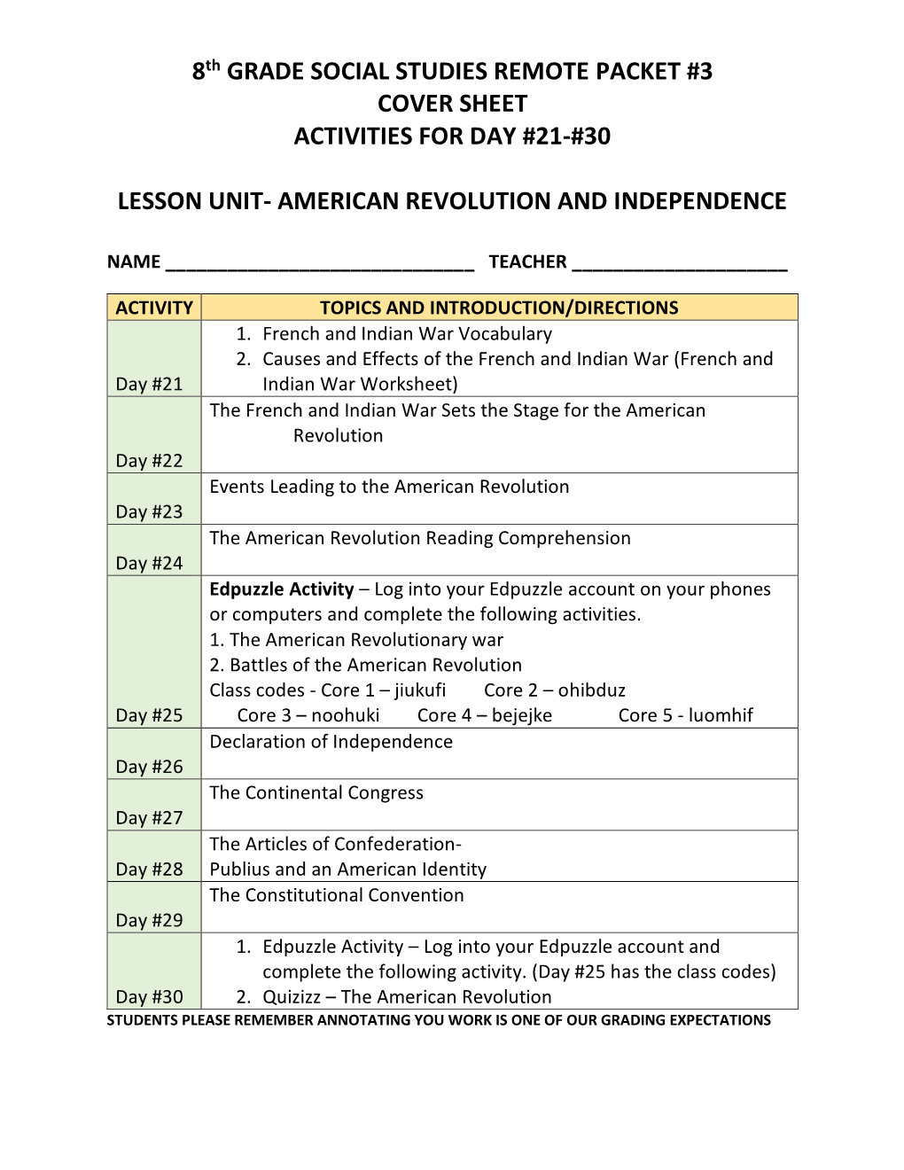 8Th GRADE SOCIAL STUDIES REMOTE PACKET #3 COVER SHEET ACTIVITIES for DAY #21-#30 LESSON UNIT- AMERICAN REVOLUTION and INDEPENDE