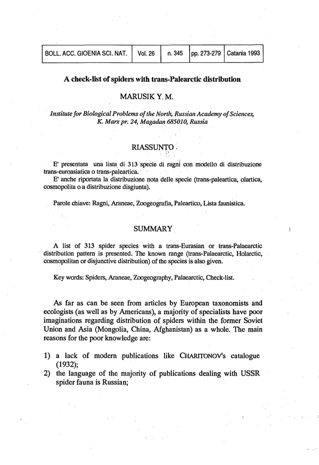 A Check-List of Spiders with Trans-Palearctic Distribution