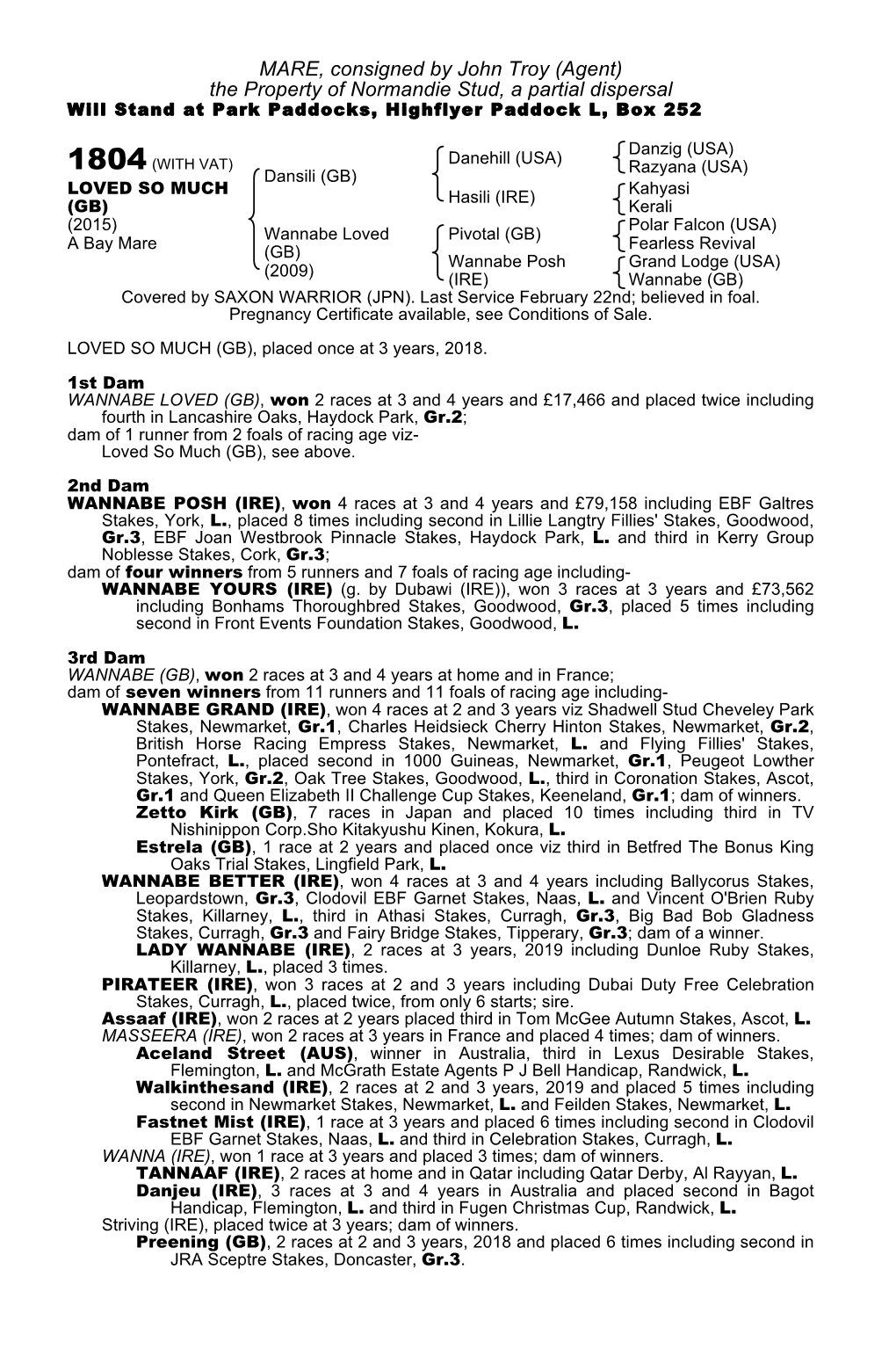 MARE, Consigned by John Troy (Agent) the Property of Normandie Stud, a Partial Dispersal Will Stand at Park Paddocks, Highflyer Paddock L, Box 252