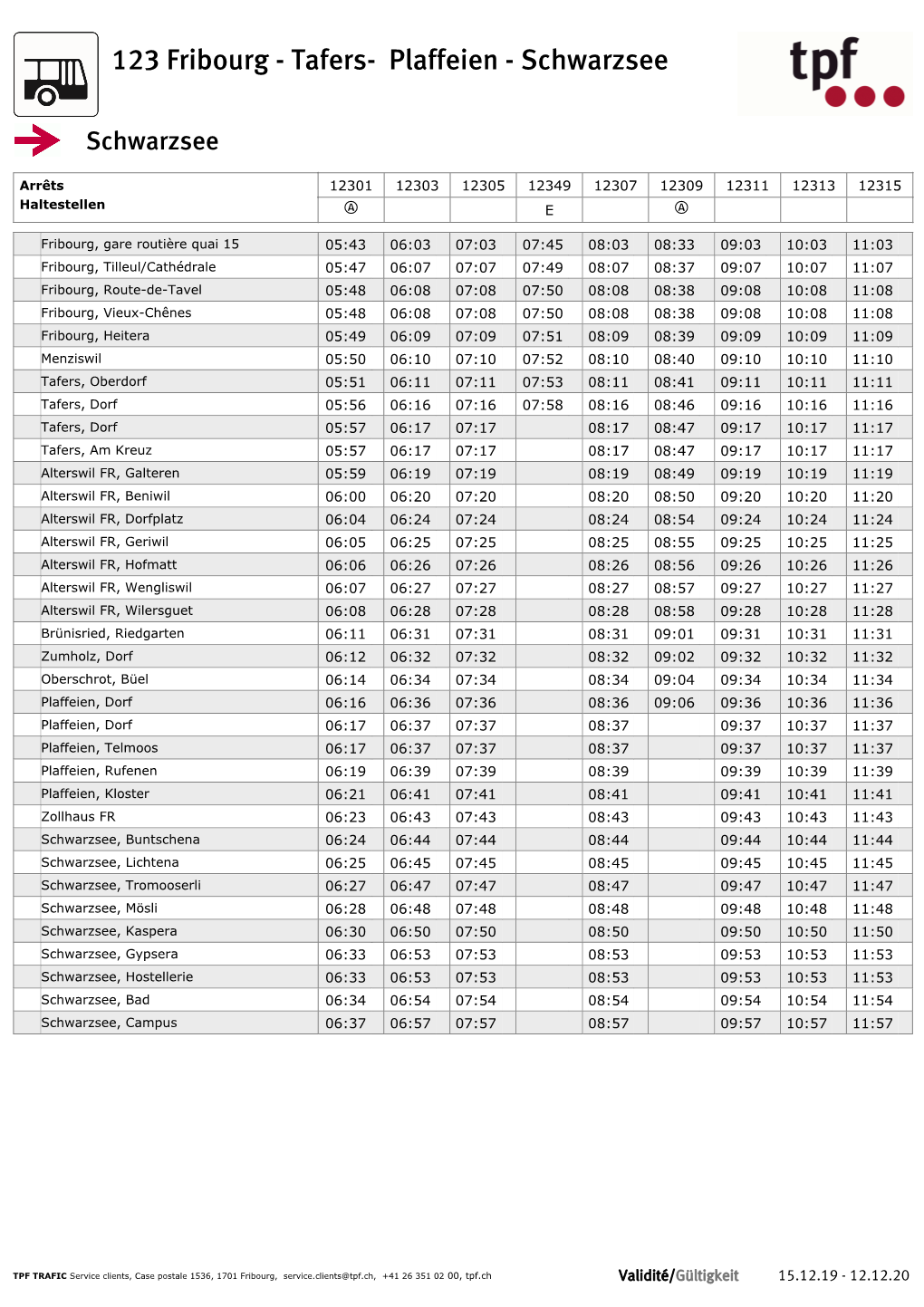 Horaire Du Bus NFB 123 : Fribourg