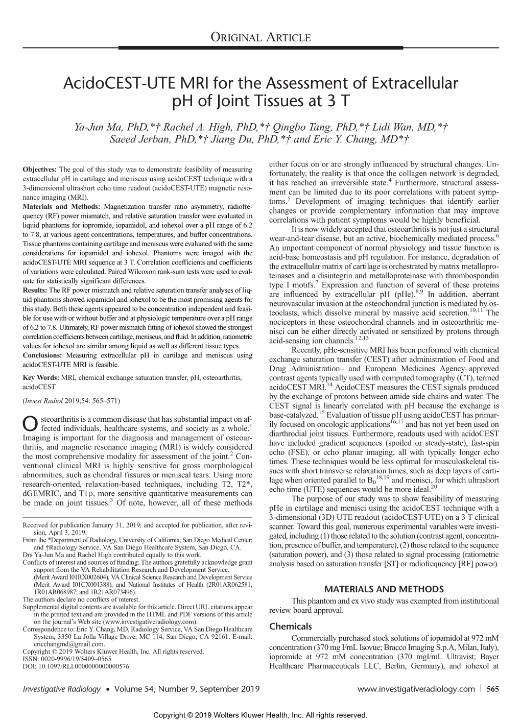 Acidocest-UTE MRI for the Assessment of Extracellular Ph of Joint Tissues at 3 T