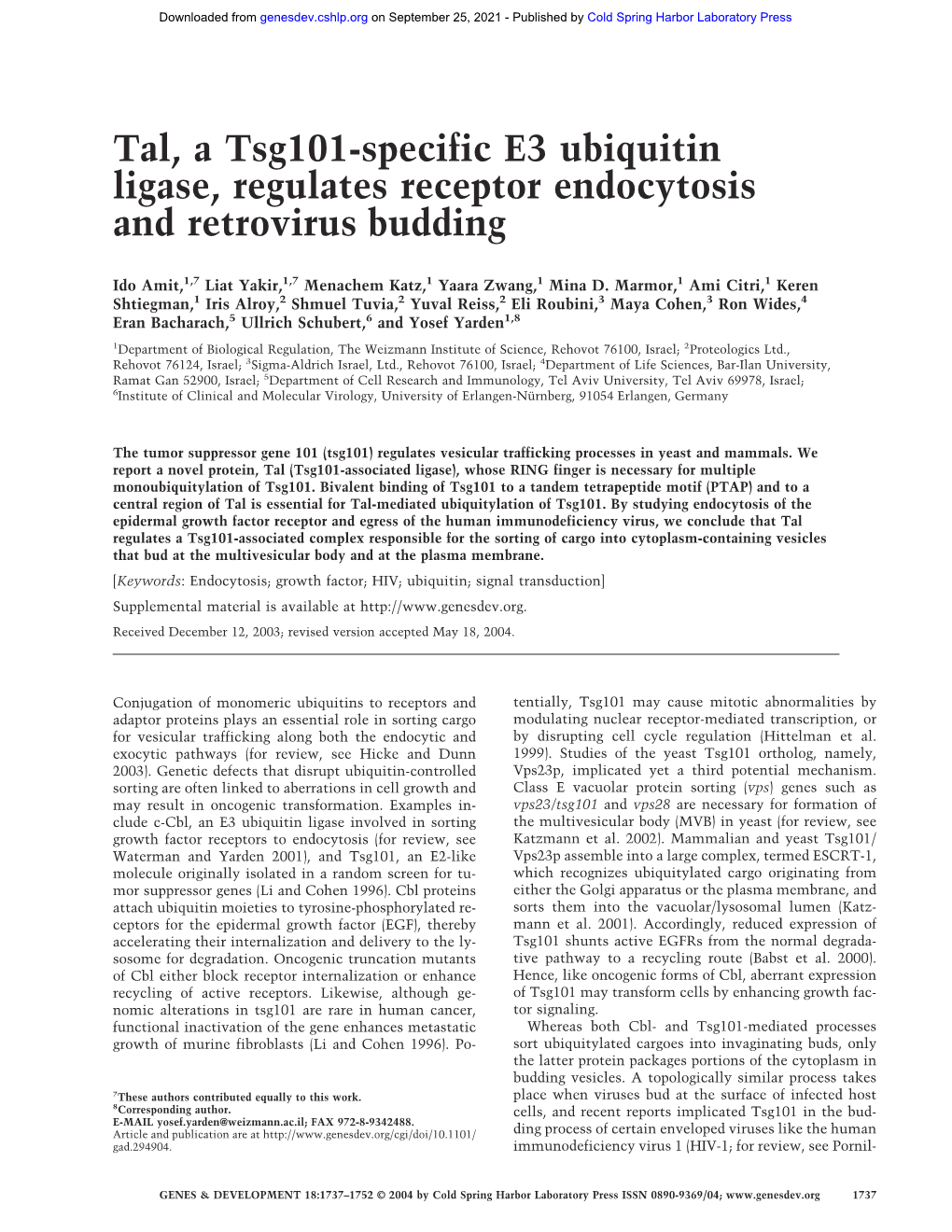 Tal, a Tsg101-Specific E3 Ubiquitin Ligase, Regulates Receptor Endocytosis and Retrovirus Budding