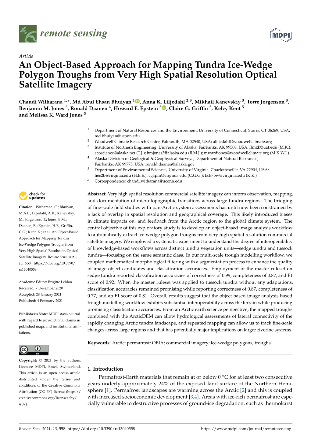 An Object-Based Approach for Mapping Tundra Ice-Wedge Polygon Troughs from Very High Spatial Resolution Optical Satellite Imagery